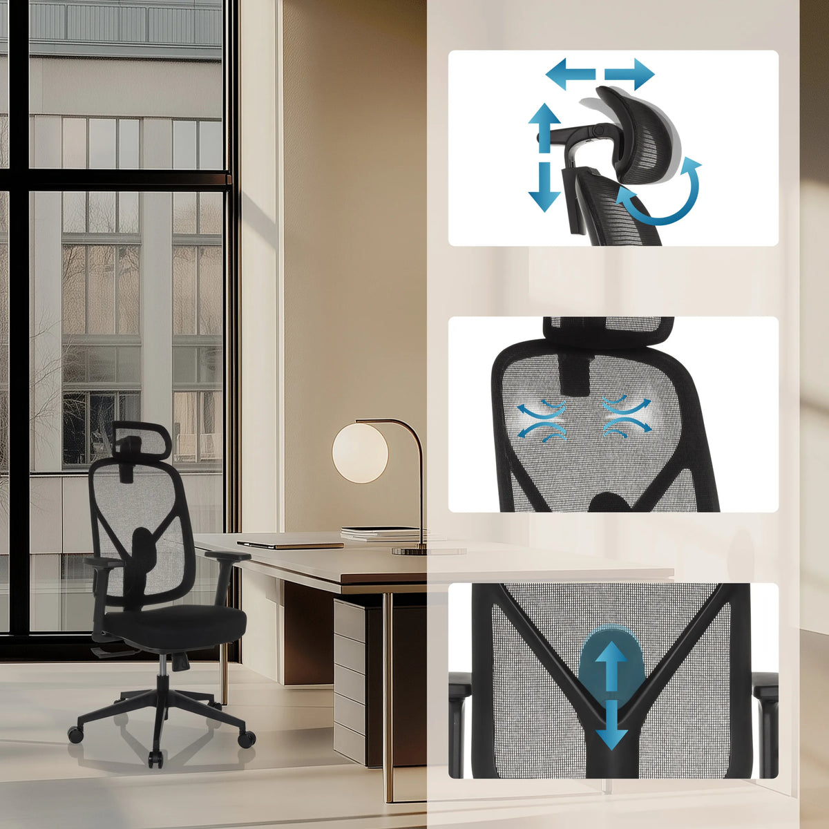 Adjustable headrest and lumbar support of the RALOO ECO Professional Office Chair in black by hjh OFFICE