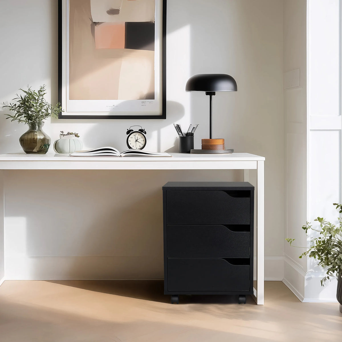 Black Mobile Drawer Unit ORGANISER I with three drawers under a white desk by hjh OFFICE