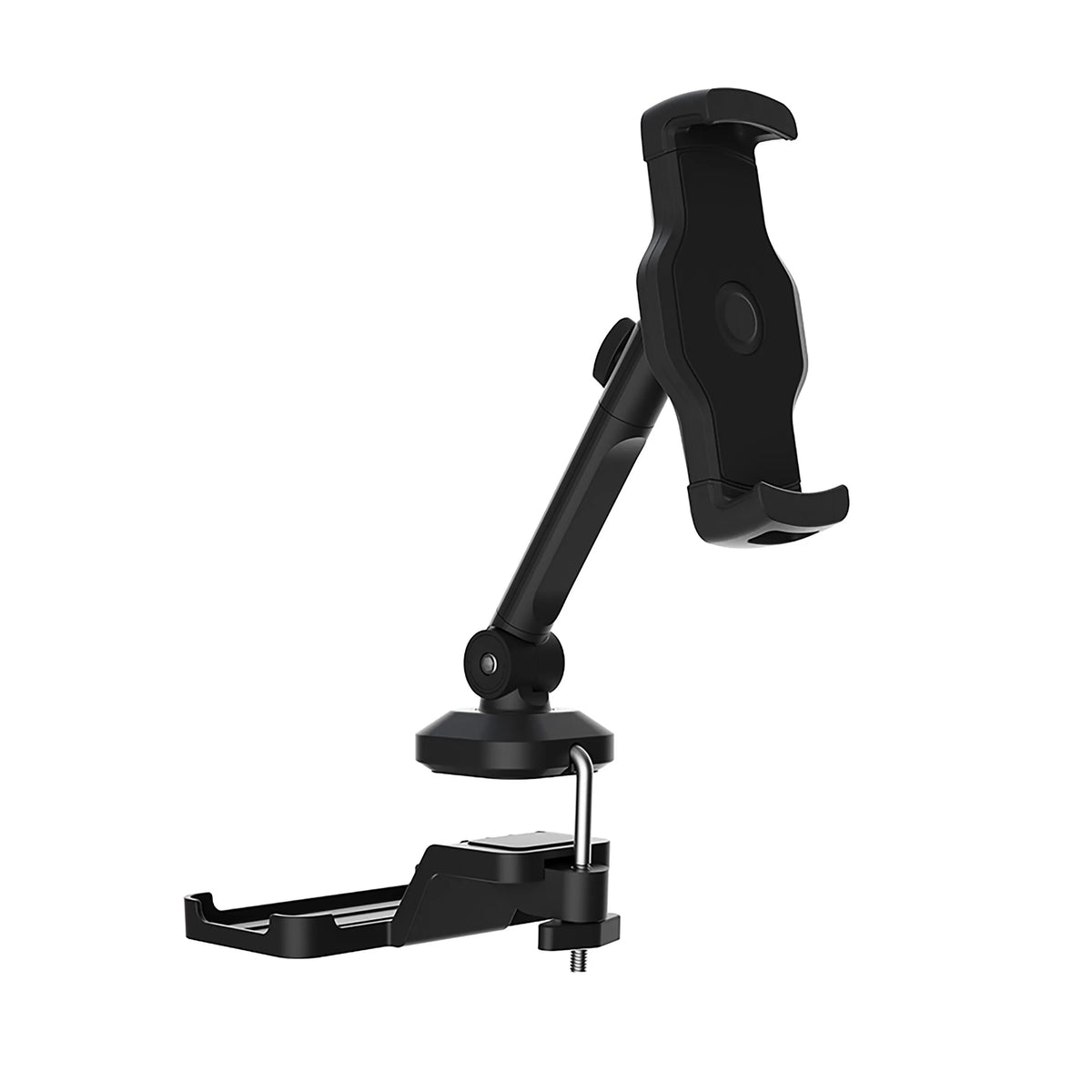 Black Mobile phone & tablet holder FLEXMOBI III with adjustable joint arm and table clamp by hjh OFFICE