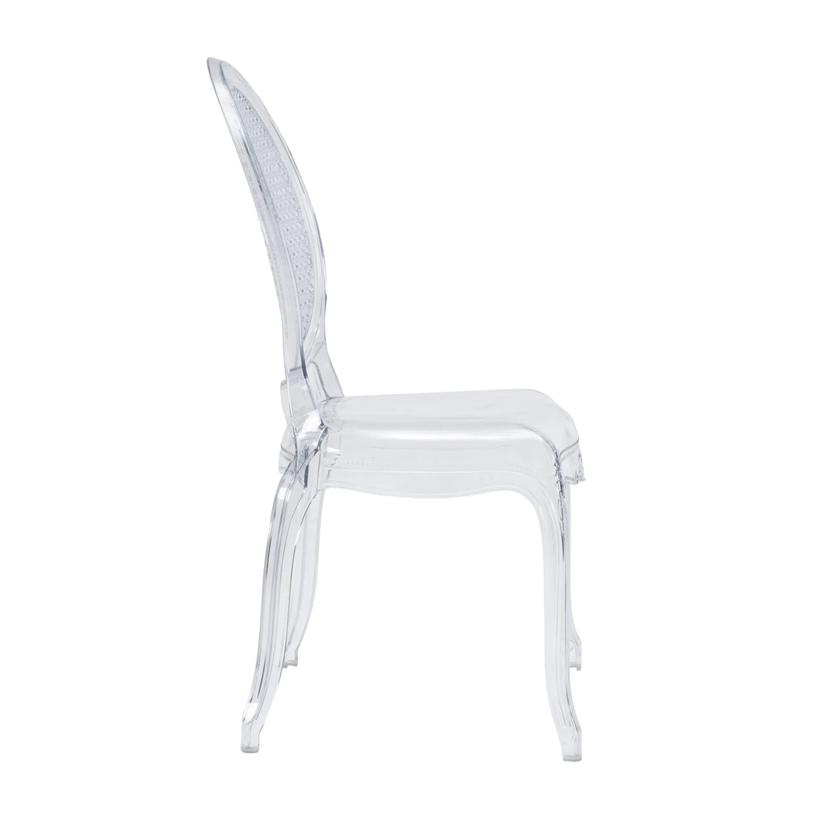 Profile view of the transparent Four-legged chair CRISTALIO by hjh LIVING