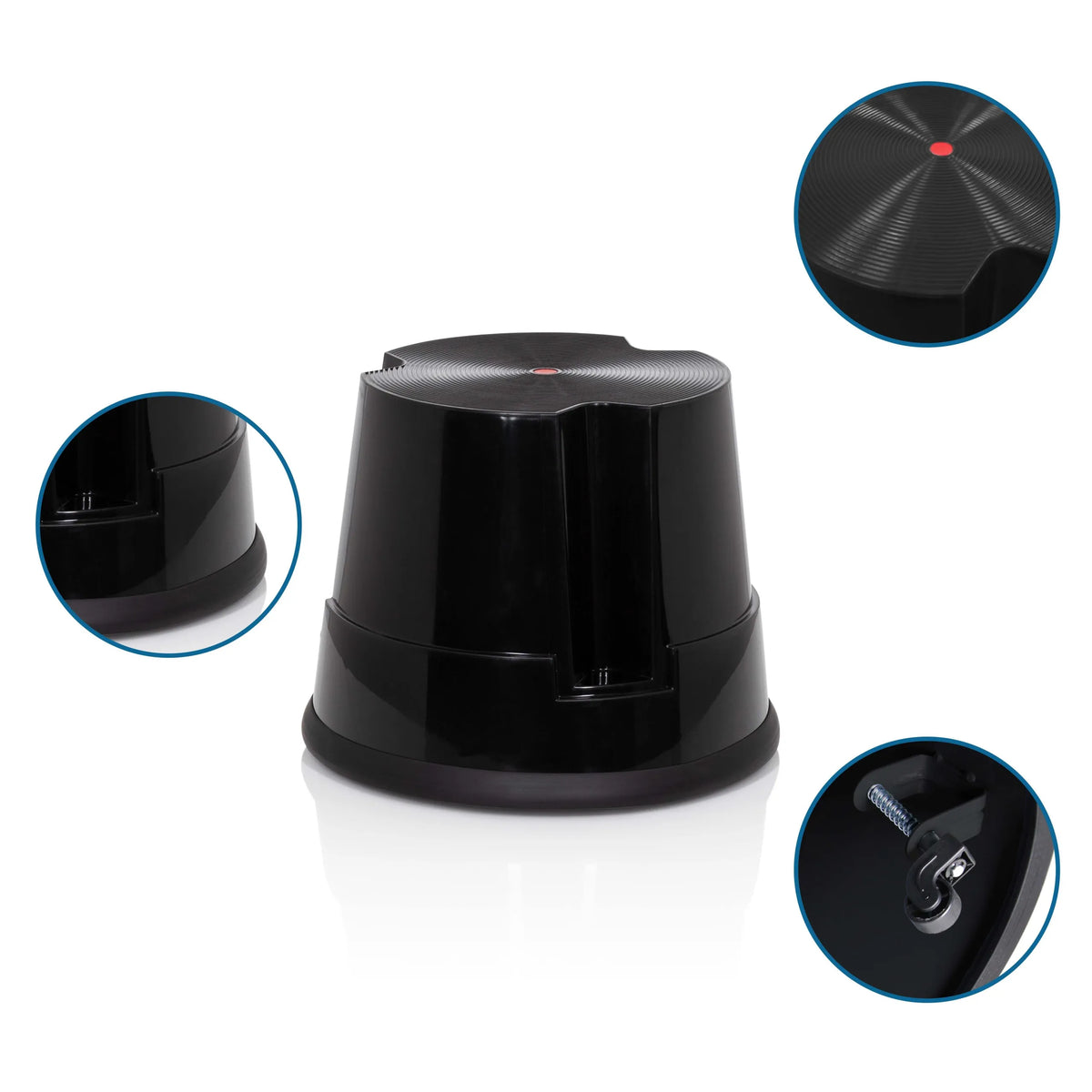 Black TIO-S step stool with non-slip surface and detailed views of the underside and structure by hjh OFFICE