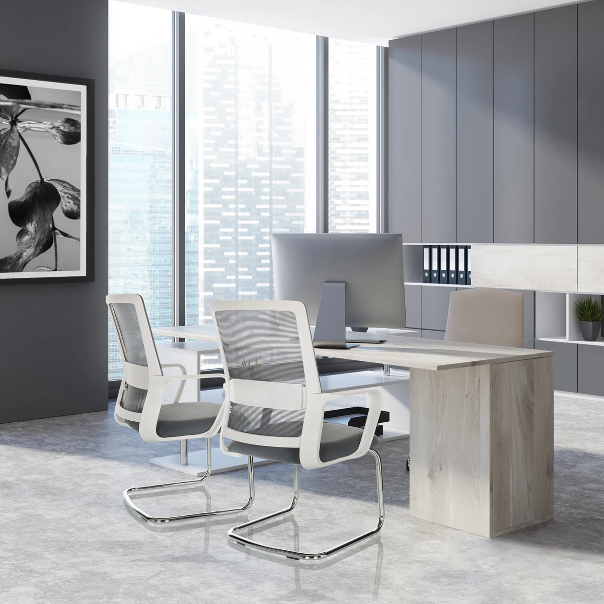 Two grey VISITER W cantilever chairs with mesh backs and chrome sled bases by hjh OFFICE