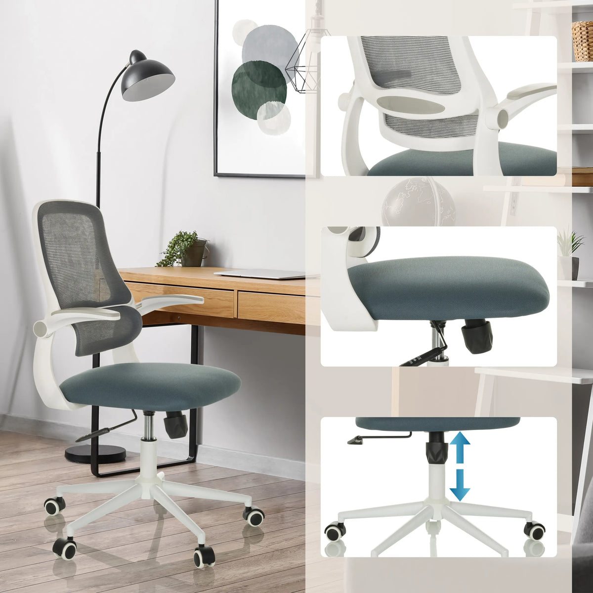 Home Office Chair MIKO W ECO in grey with mesh back, adjustable seat height and castors by hjh OFFICE