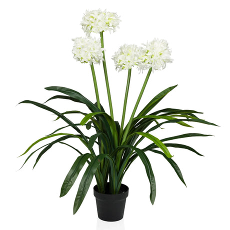 Artificial plant AGAPANTHUS with white blossoms, green leaves and a black pot by hjh OFFICE