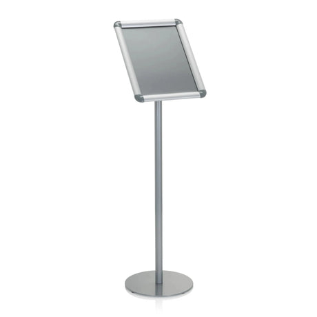 Silver Poster stand AGENDA I with slanted frame and round base by hjh OFFICE