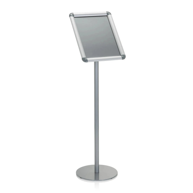 Silver Poster stand AGENDA I with slanted frame and round base by hjh OFFICE