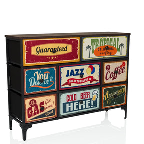 Chest of drawers AMERIKO B with black frame and six colourful motif drawers in vintage style by hjh LIVING