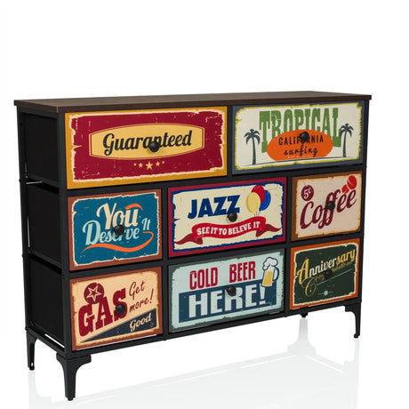 Chest of drawers AMERIKO B with black frame and six colourful motif drawers in vintage style by hjh LIVING