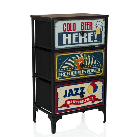 Chest of drawers AMERIKO S with a black metal frame and three colourful patterned drawers by hjh LIVING