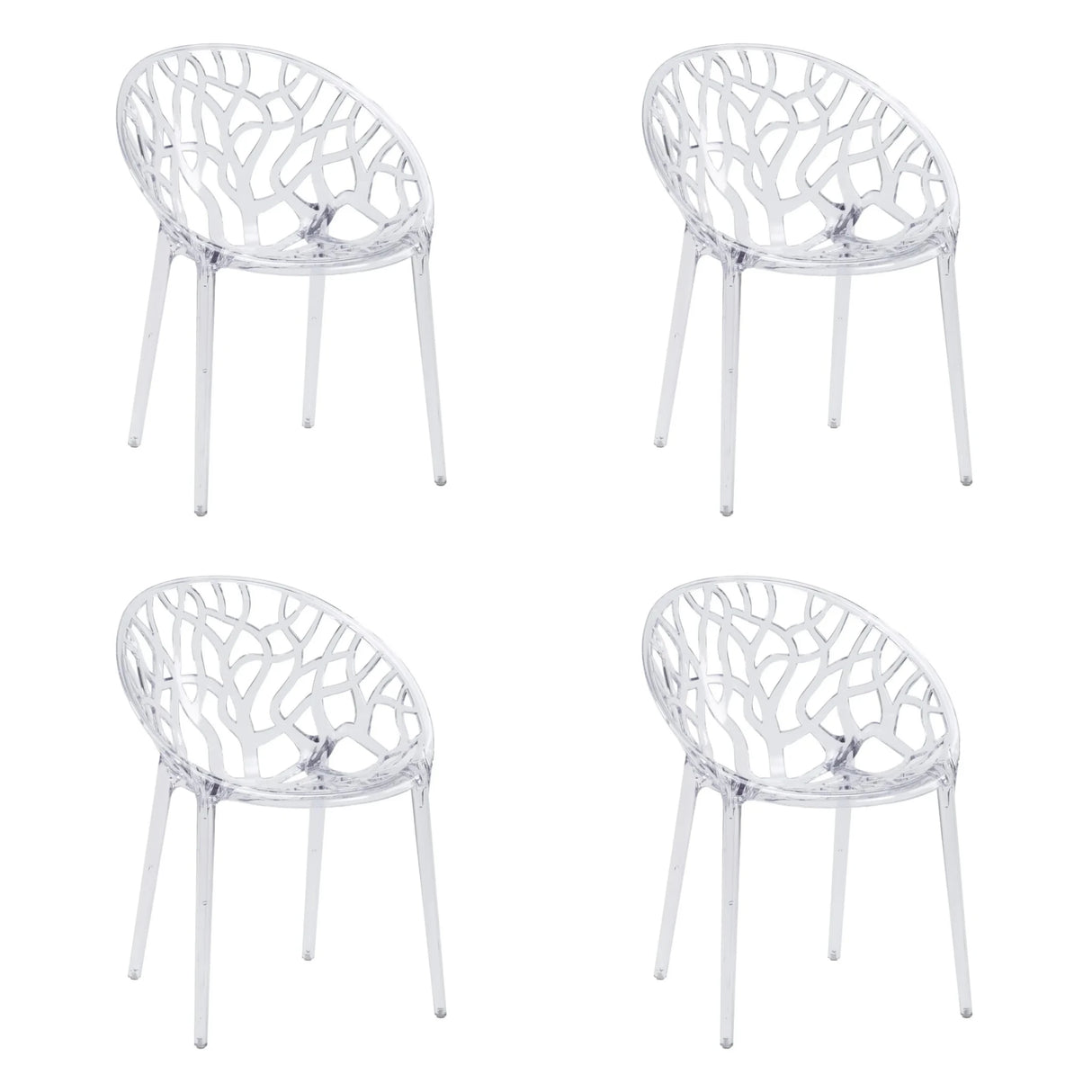 Four transparent four-legged chairs Artifo T with organically perforated backrests by hjh LIVING