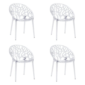 Four transparent four-legged chairs Artifo T with organically perforated backrests by hjh LIVING
