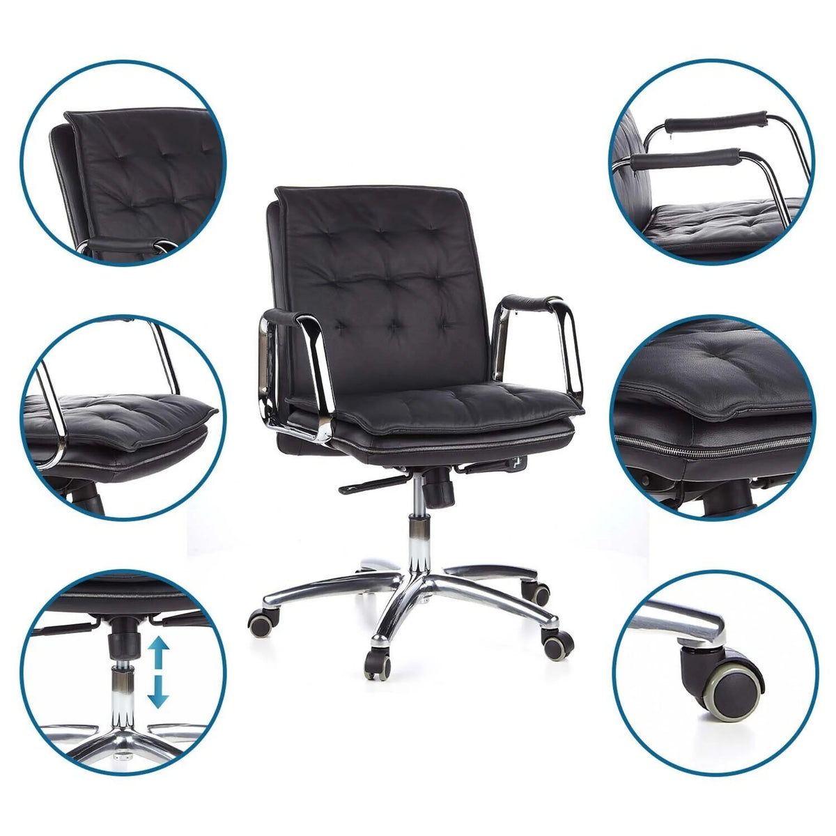Professional Executive Chair VILLA 10 in black with detailed views of the armrest, gas spring and castors by hjh OFFICE