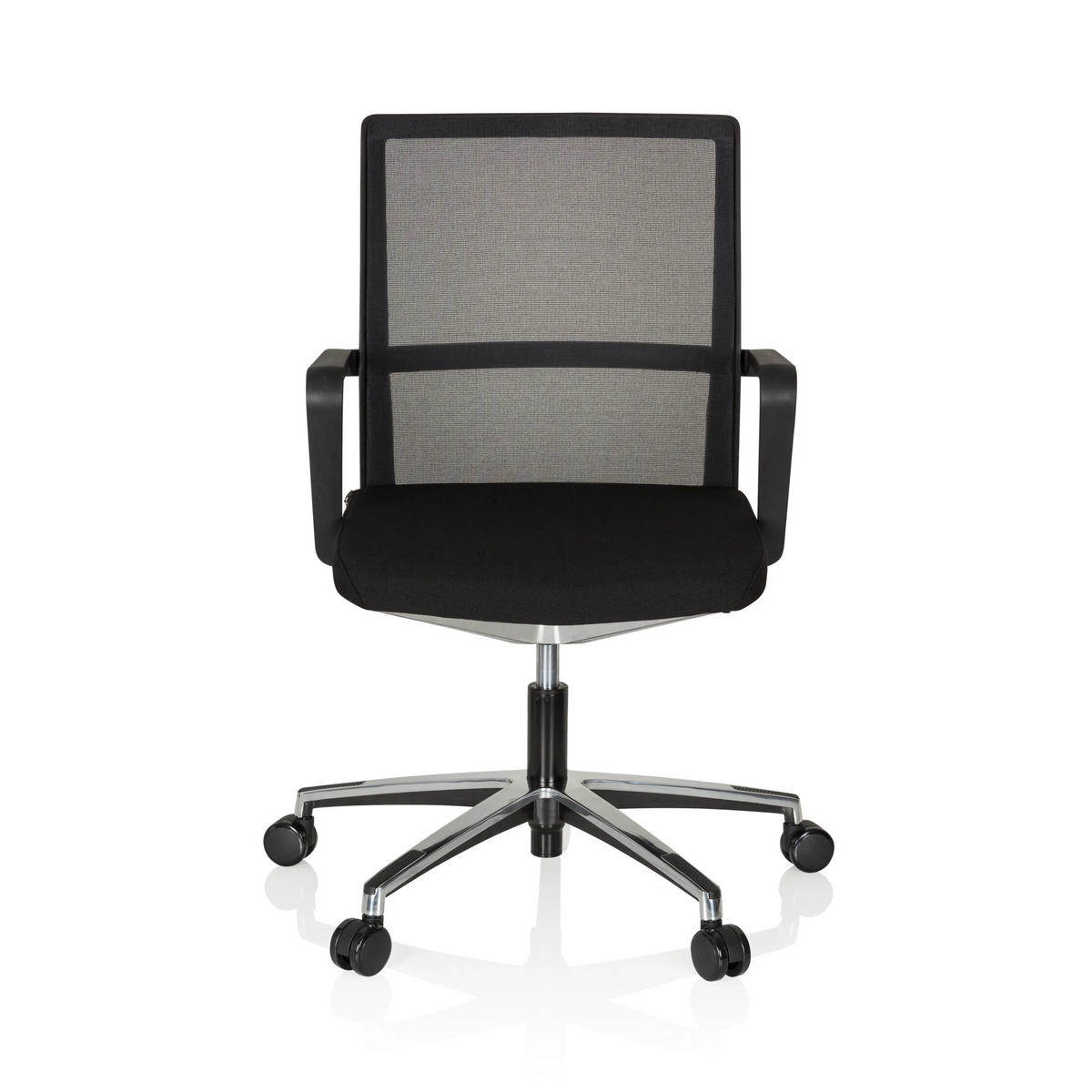 Black Professional Office Chair MOVE-TEC NET 3D with mesh back and a five-caster base by hjh OFFICE – 360-degree view (front view 0°)