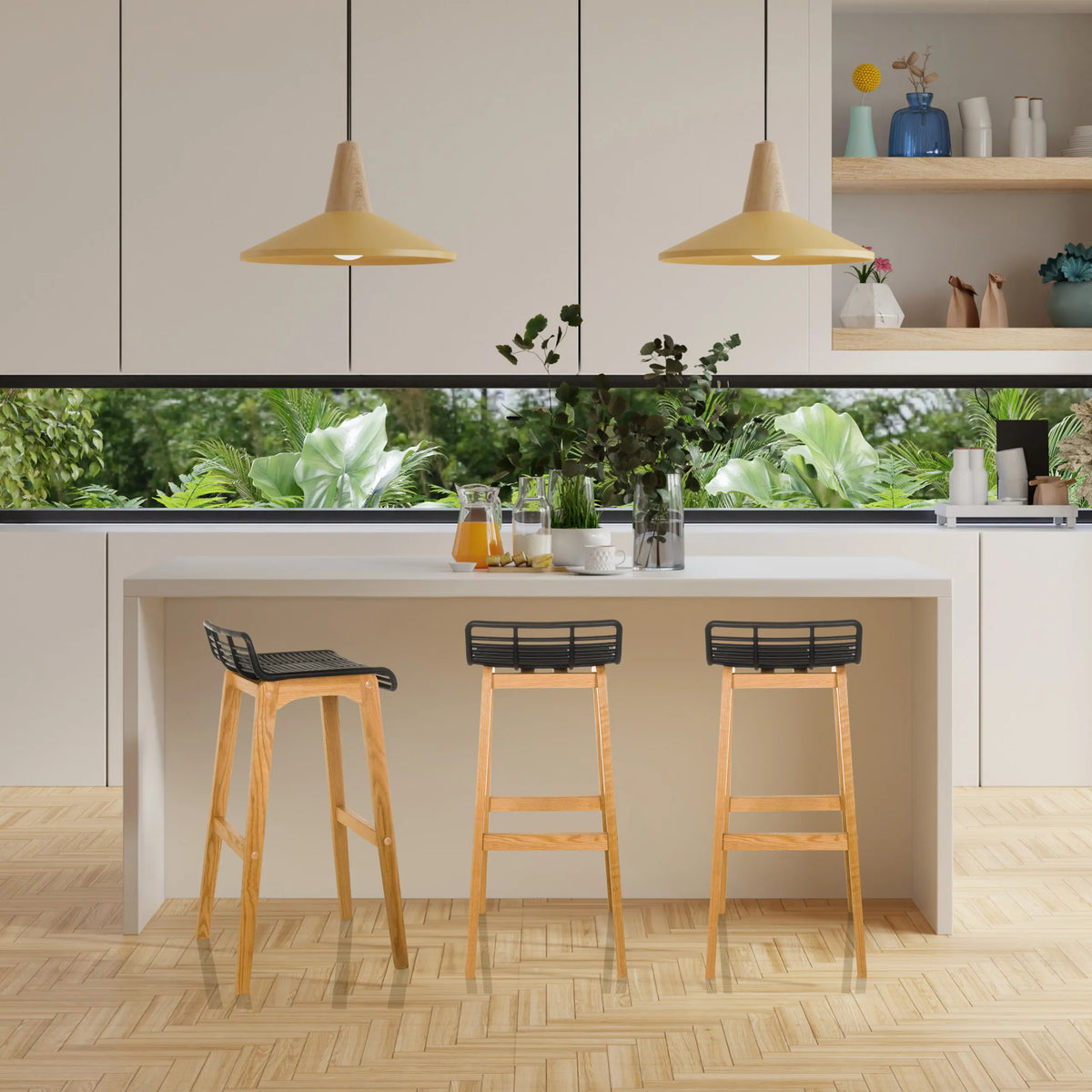 Three LONSO W bar stools with oak frames and black seat shells by hjh OFFICE