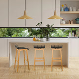 Three LONSO W bar stools with oak frames and black seat shells by hjh OFFICE