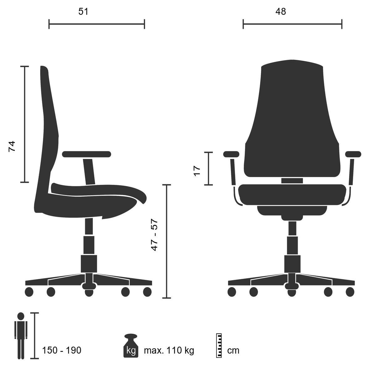 Technical drawing of the Home Office Chair SARANTO PLUS I with a width of 48 cm by hjh OFFICE
