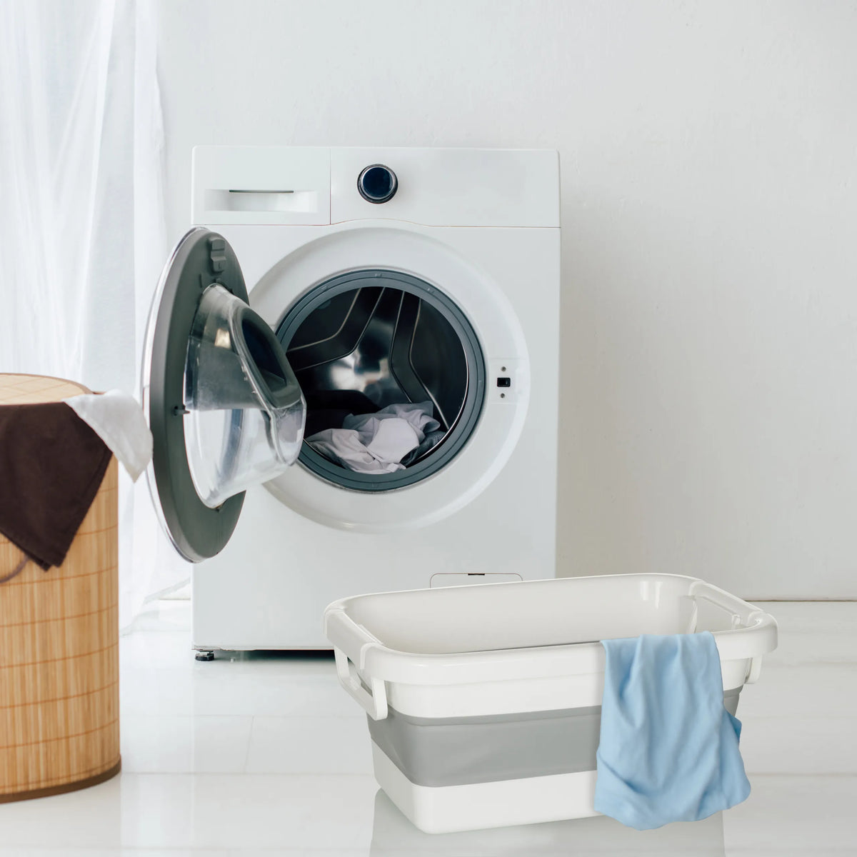 Grey-white Folding container CLEAN SILW next to a washing machine by hjh OFFICE
