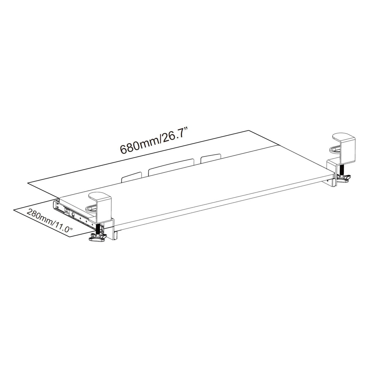 Technical drawing of the Keyboard tray VM-KB with 680 × 280 mm by hjh OFFICE