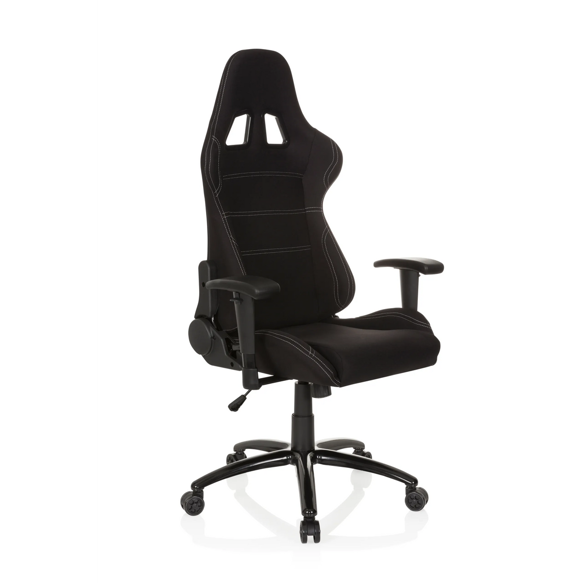 Black Gaming chair GAME FORCE with headrest, armrests and five-caster base by hjh OFFICE – 360-degree view (front three-quarter view 40°)