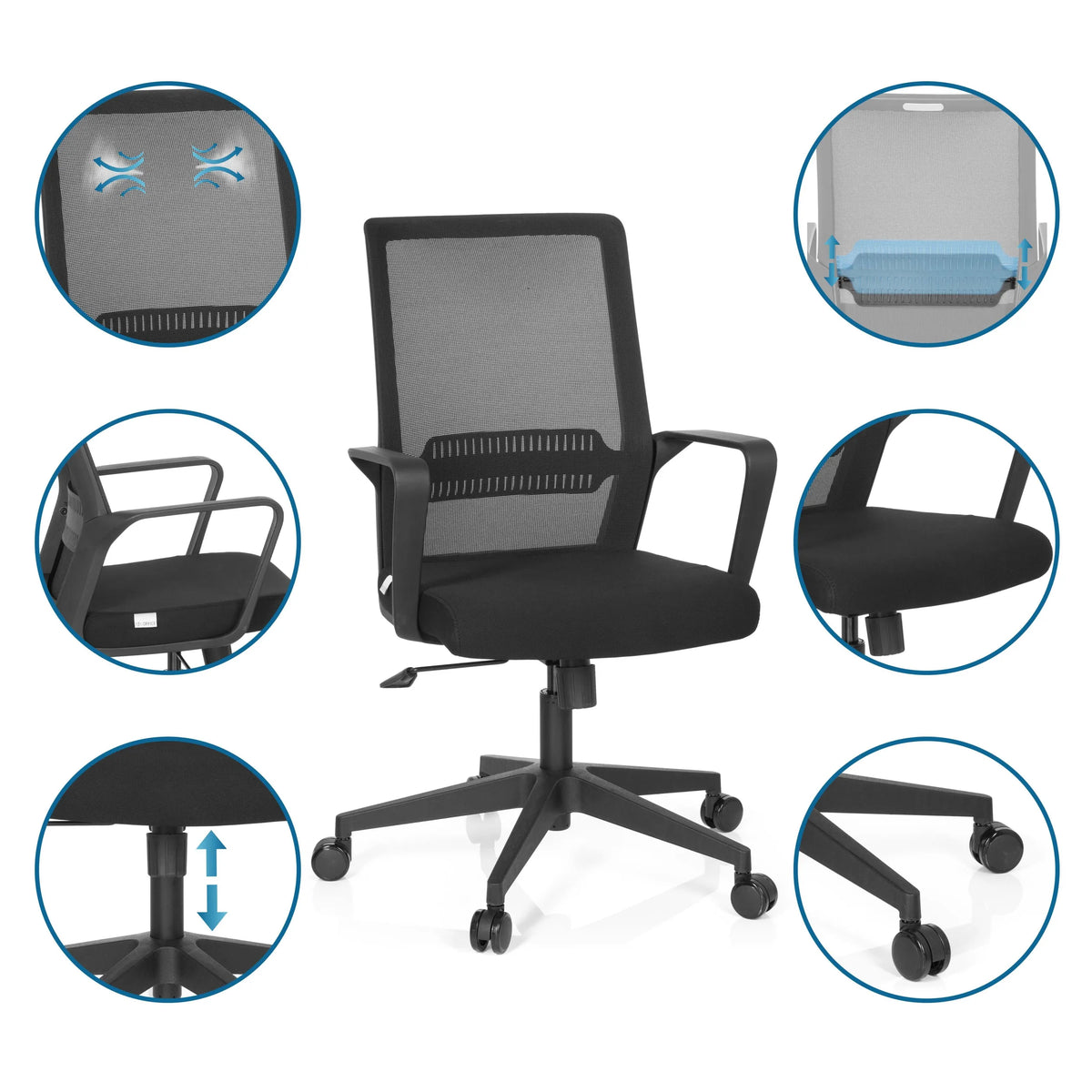 Home Office Chair PRESTON in black with various detailed views of the functions and components by hjh OFFICE