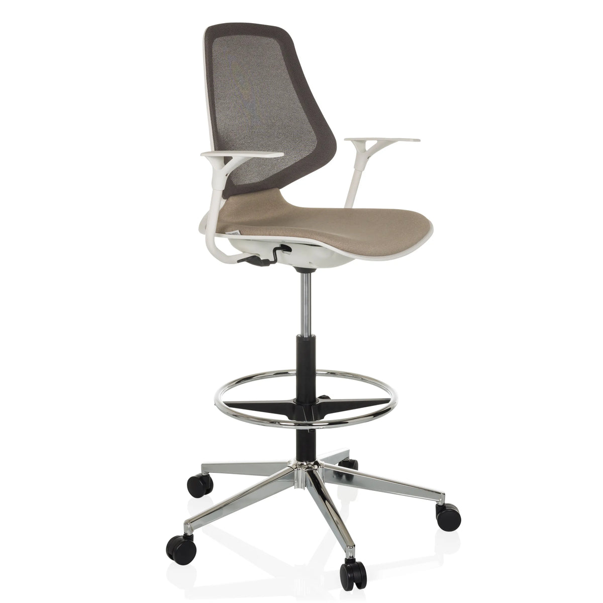 Beige Counter chair TOP WORK STYLE with mesh back, footring and five-caster base by hjh OFFICE – 360-degree view (front three-quarter view 45°)