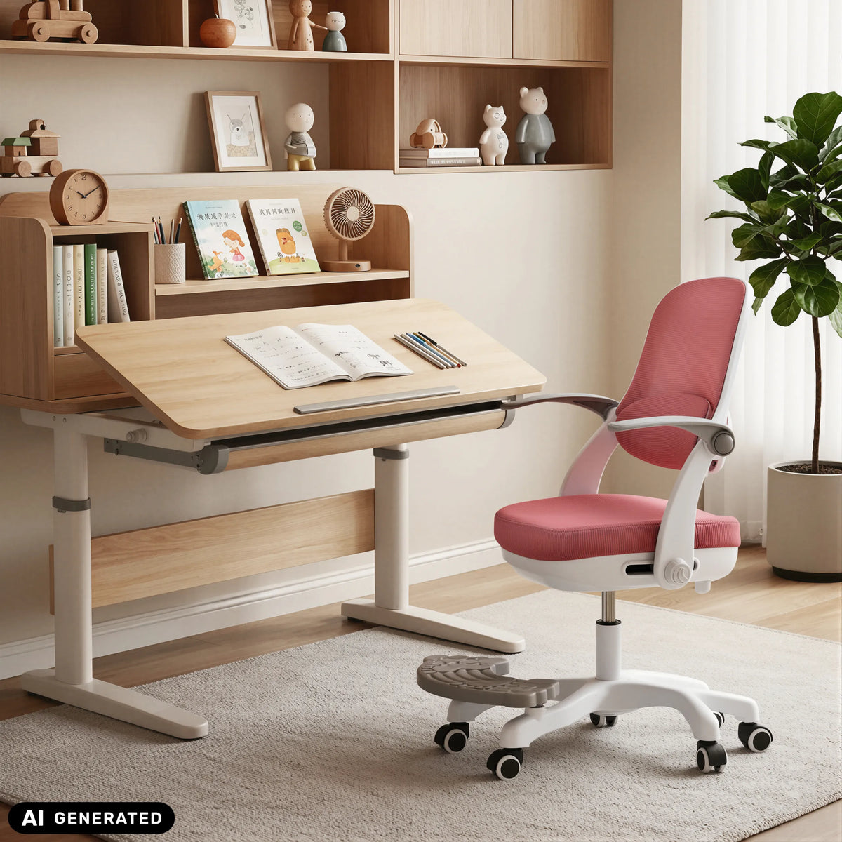Pink Kiddy Smart Step children's swivel chair at a height-adjustable desk by hjh OFFICE (AI-generated image)