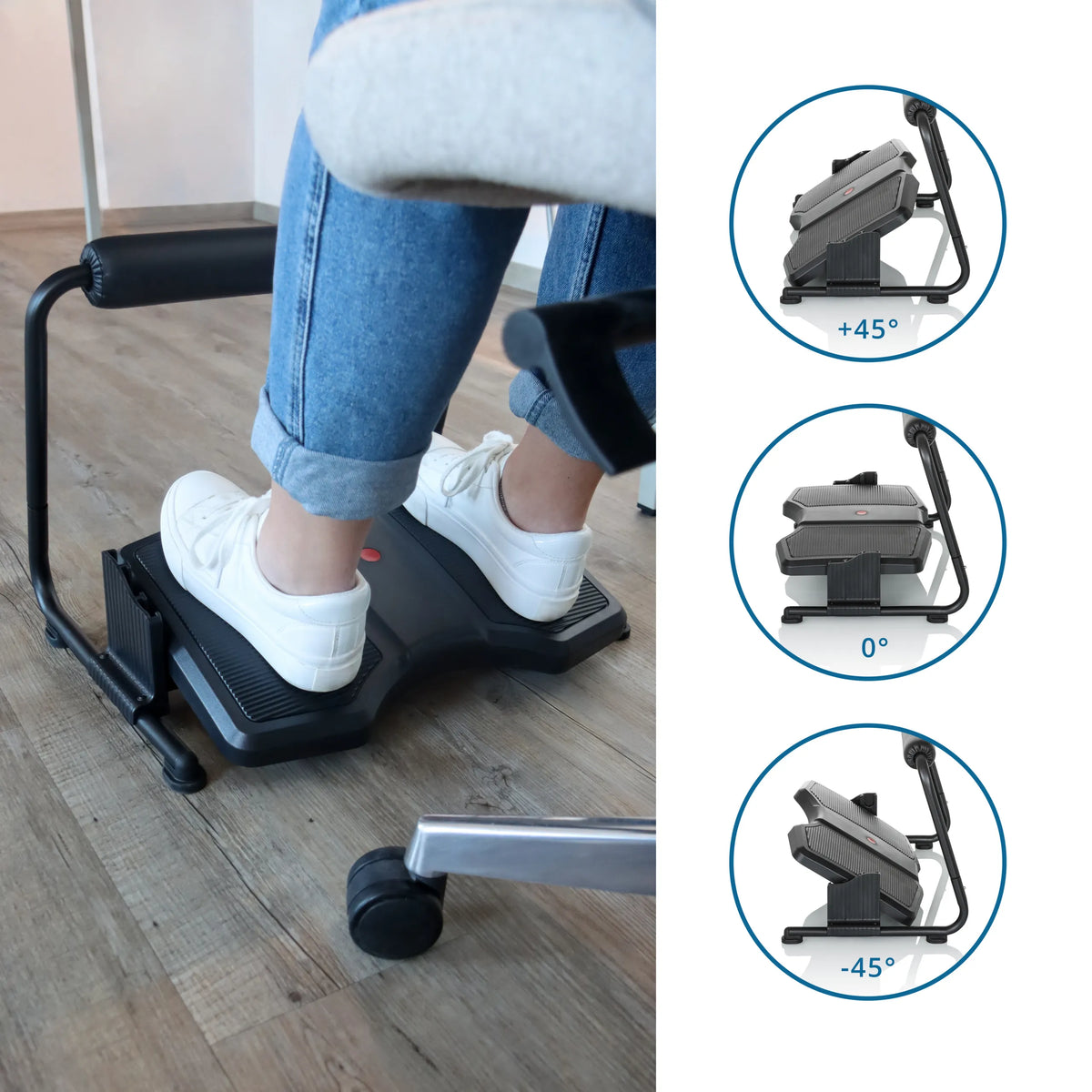 Adjustable tilt angles of the PODI F Footrest in three positions: +45°, 0° and -45° by hjh OFFICE