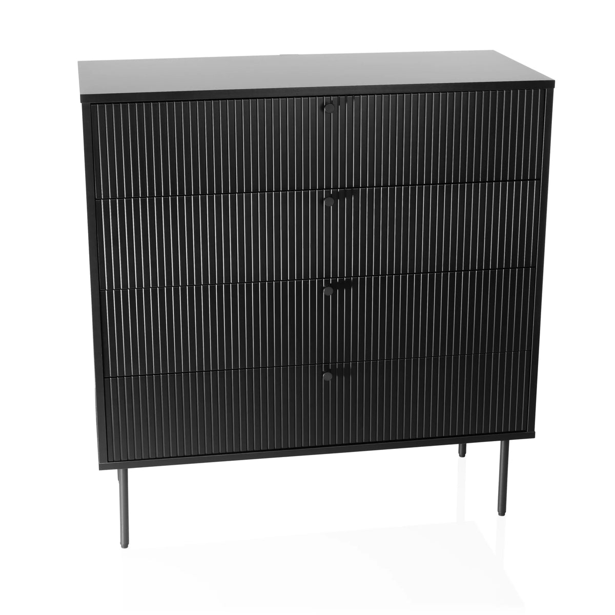 Black Chest of drawers KARBY K with four ribbed drawers and slim legs by hjh LIVING – 360-degree view (front view 15°)