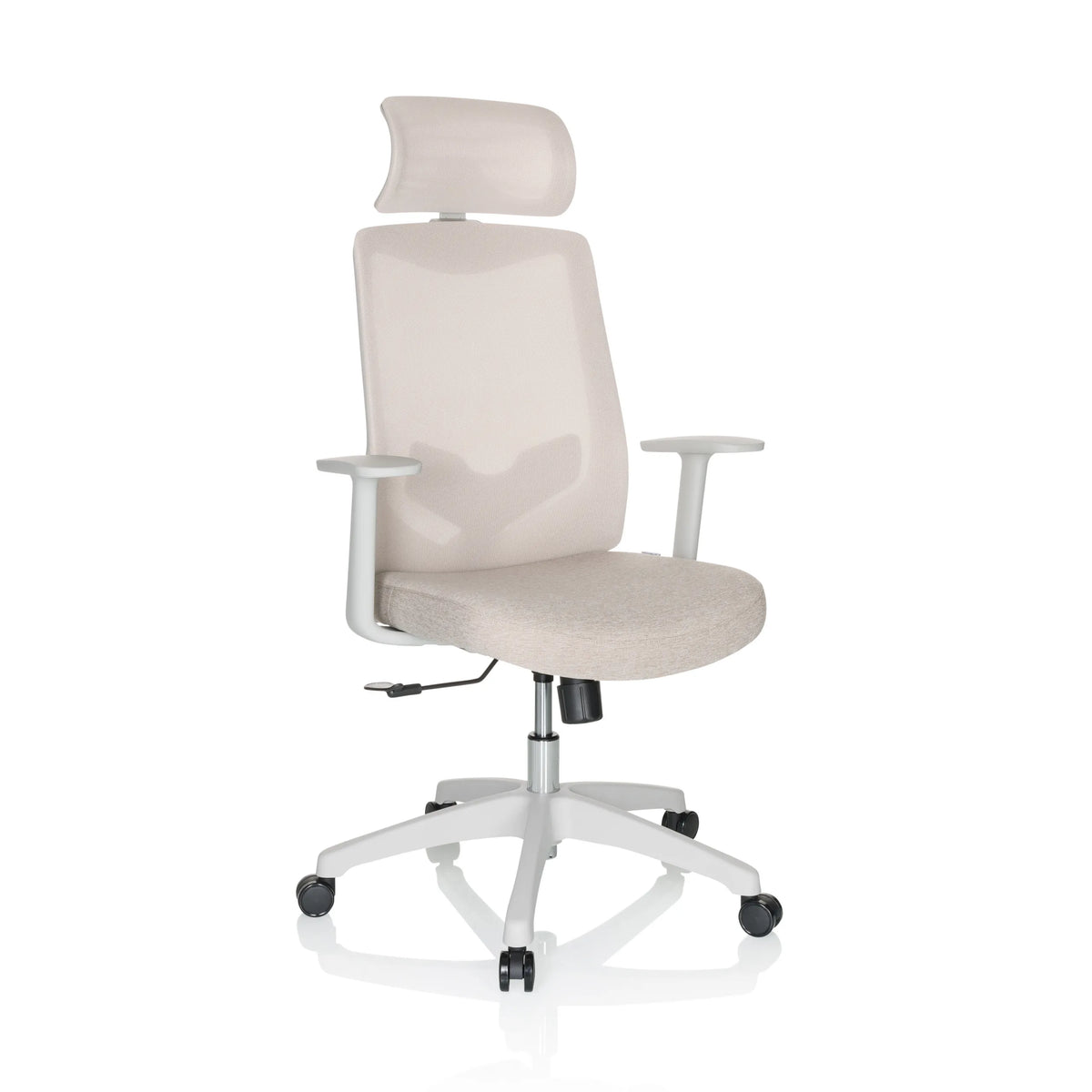 Beige Home Office Chair MIKEO W with headrest and white five-caster base by hjh OFFICE – 360-degree view (front three-quarter view 30°)