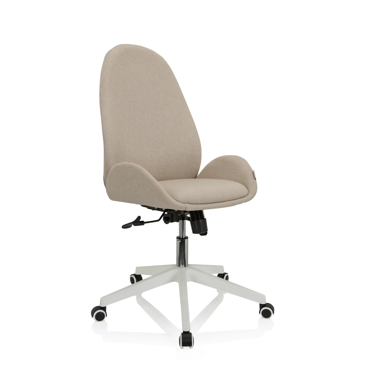 Beige AVEA I home office chair with armrests and a white five-caster base by hjh OFFICE – 360-degree view (front three-quarter view 40°)