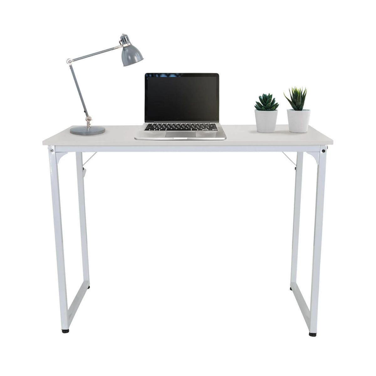 White Office Desk WORKSPACE I, 100 x 50 cm, with laptop, lamp and plants by hjh OFFICE
