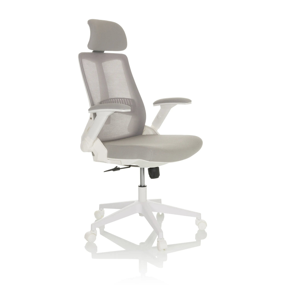 Grey Home Office Chair VENDO W with mesh back and white five-caster base by hjh OFFICE – 360-degree view (front three-quarter view 45°)