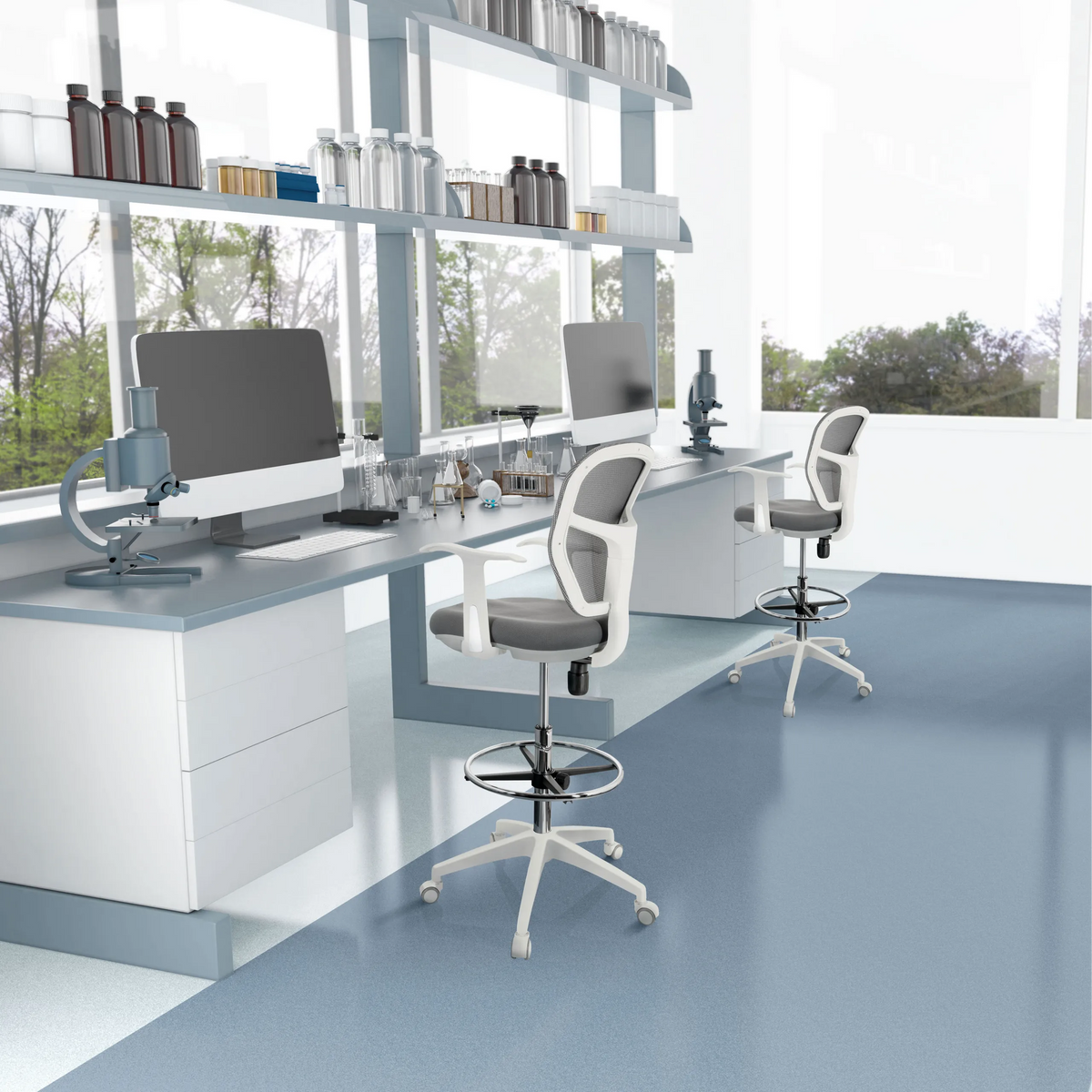 Grey Counter chair TOP WORK 108 W with armrests and footring at a laboratory table by hjh OFFICE
