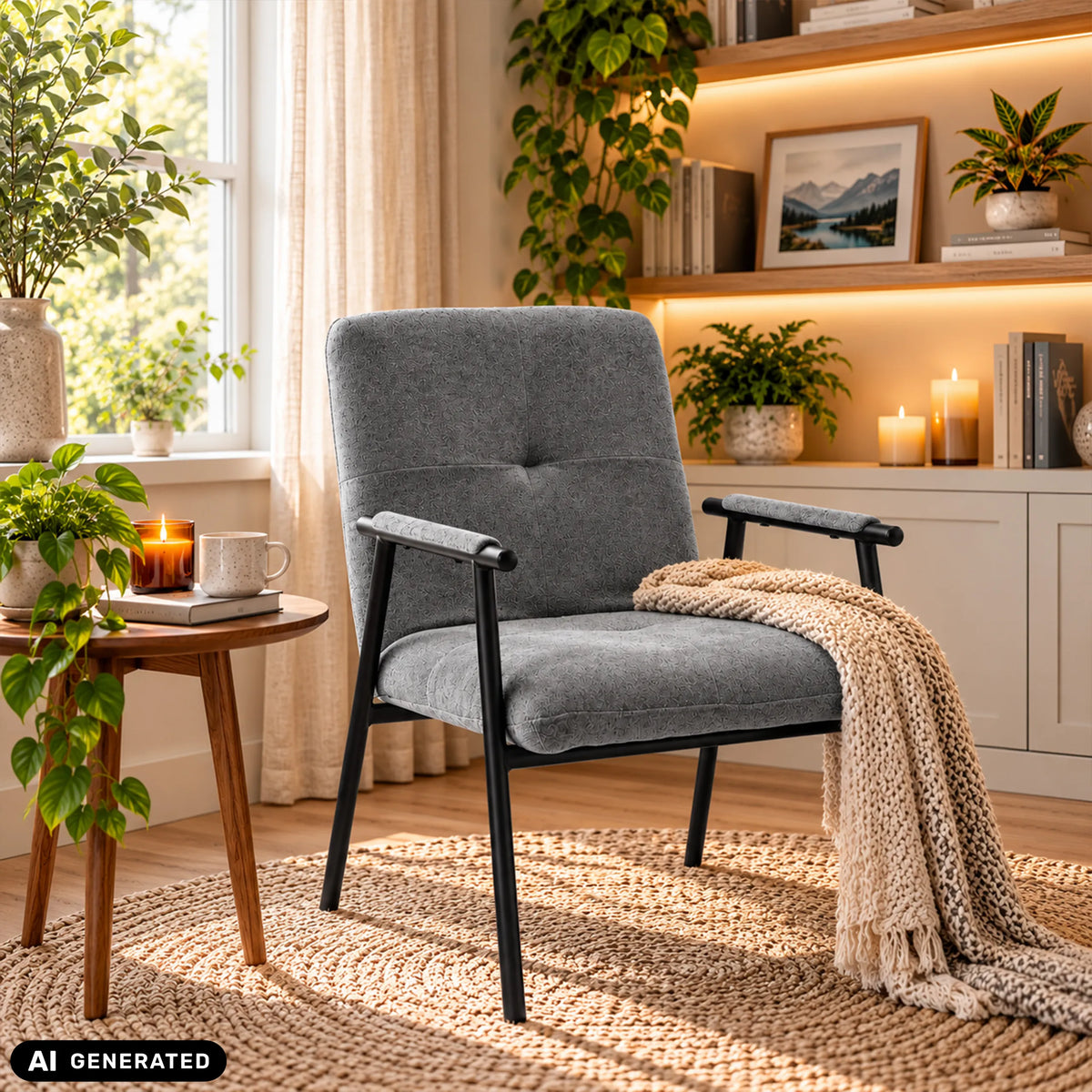 Grey upholstered chair Lifea Flex with armrests in a living room scene by hjh LIVING (AI-generated image)