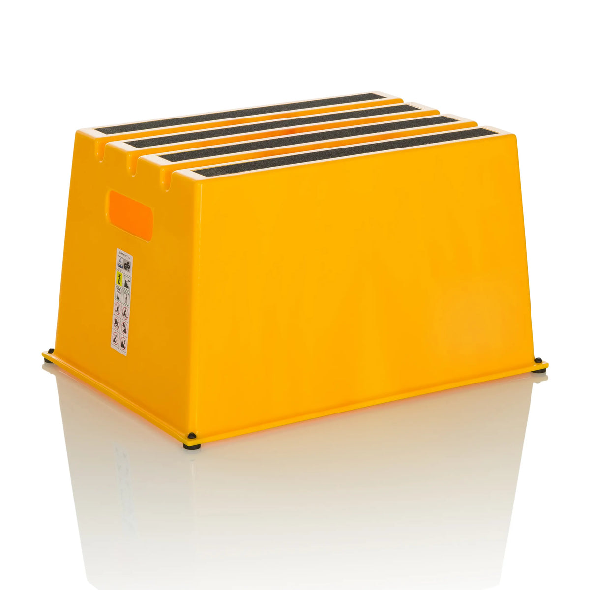 Yellow Step stool TIO-E1 with three non-slip steps by hjh OFFICE – 360-degree view (front three-quarter view 30°)