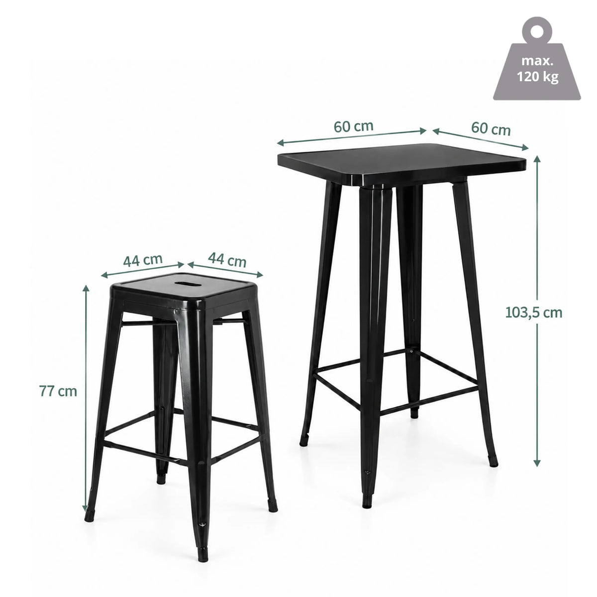 Dimensional drawing of the Vantaggio Set bar table set with a table of 60 × 60 cm and a height of 103.5 cm by hjh OFFICE