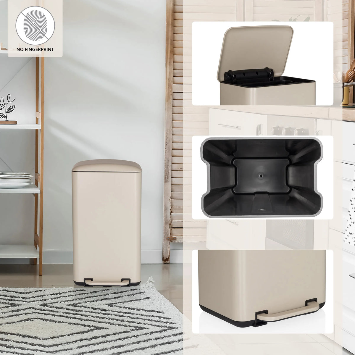 Beige wastepaper CLEAN BEVA with inner bucket, open lid and foot pedal by hjh OFFICE