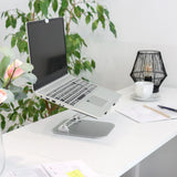 Silver Pad LAPTOP STAND with adjustable stand on a white desk by hjh OFFICE
