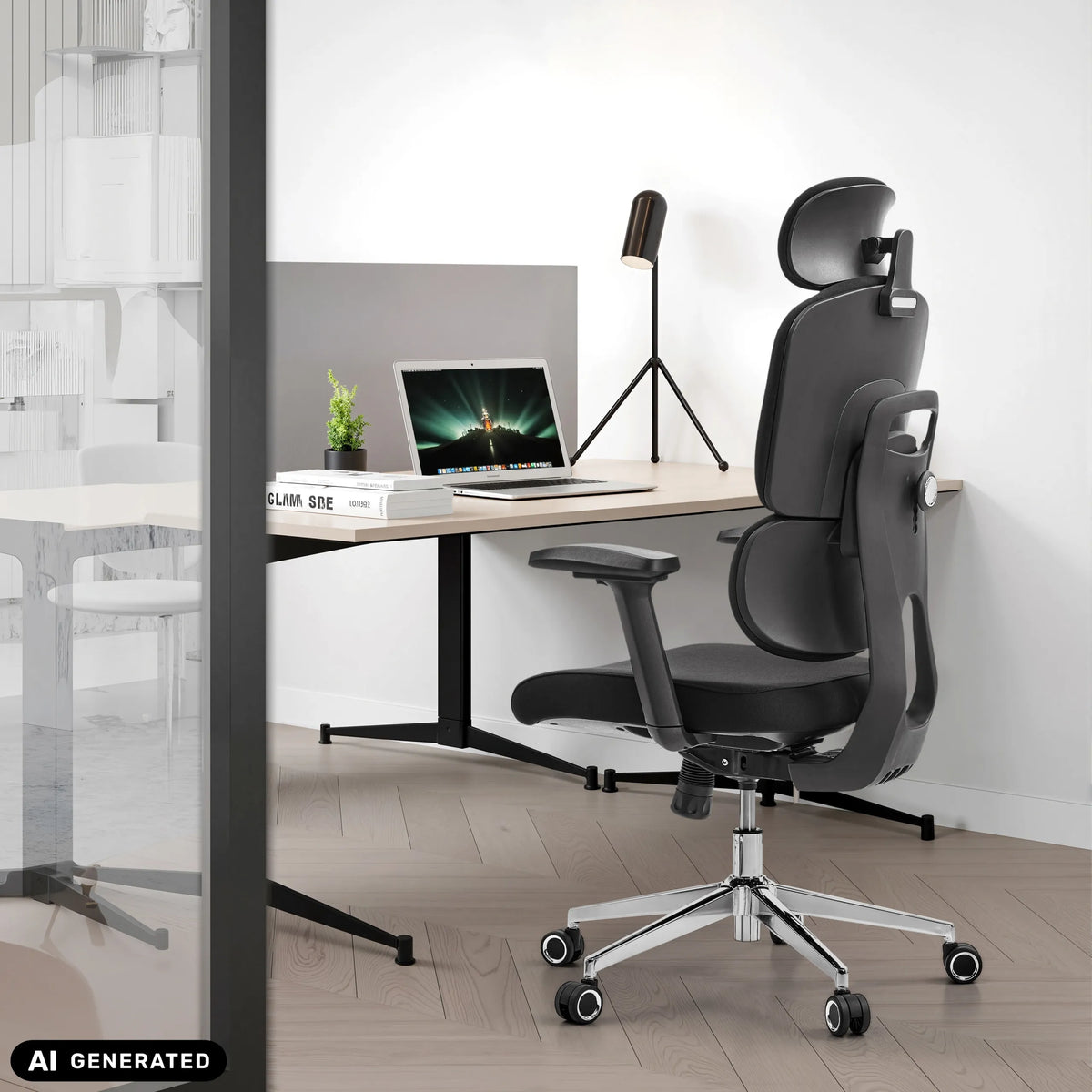 Black Professional Office Chair Ergomy F 2 with headrest and armrests at a desk by hjh OFFICE (AI-generated image)