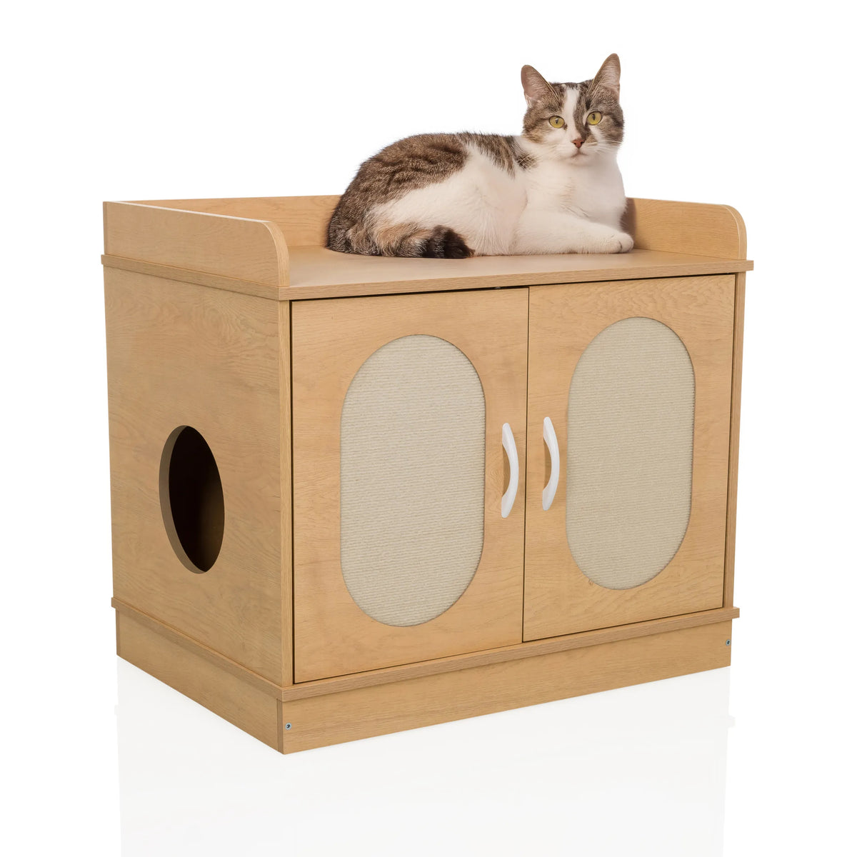 Cat house KITTYHOME 2 in beech look with two doors, a side entrance and a cat on the surface by hjh LIVING