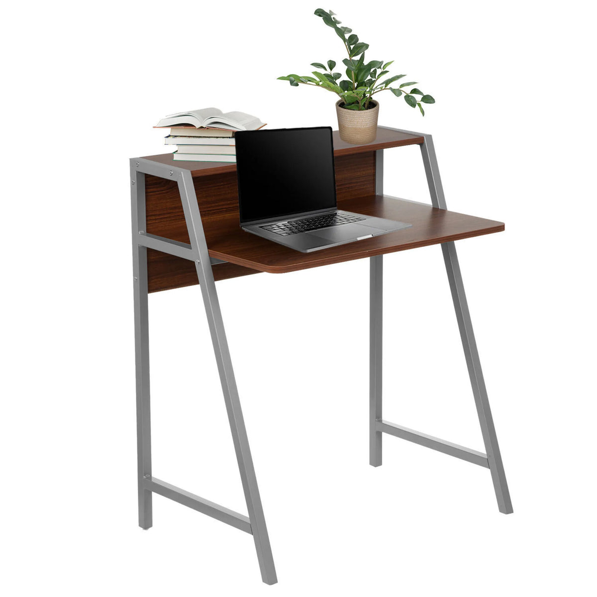 DUMONT office desk in walnut with two tiers, silver frame, laptop and decorative items by hjh OFFICE