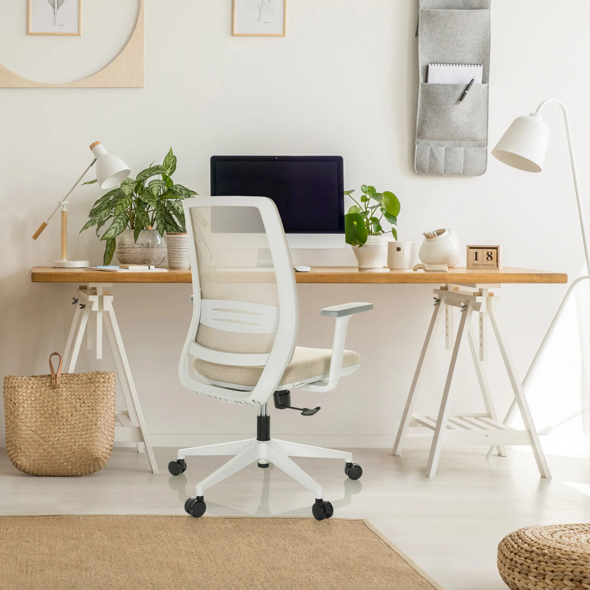 Beige Home Office Chair PROFONDO ECO W with white frame and mesh backrest by hjh OFFICE