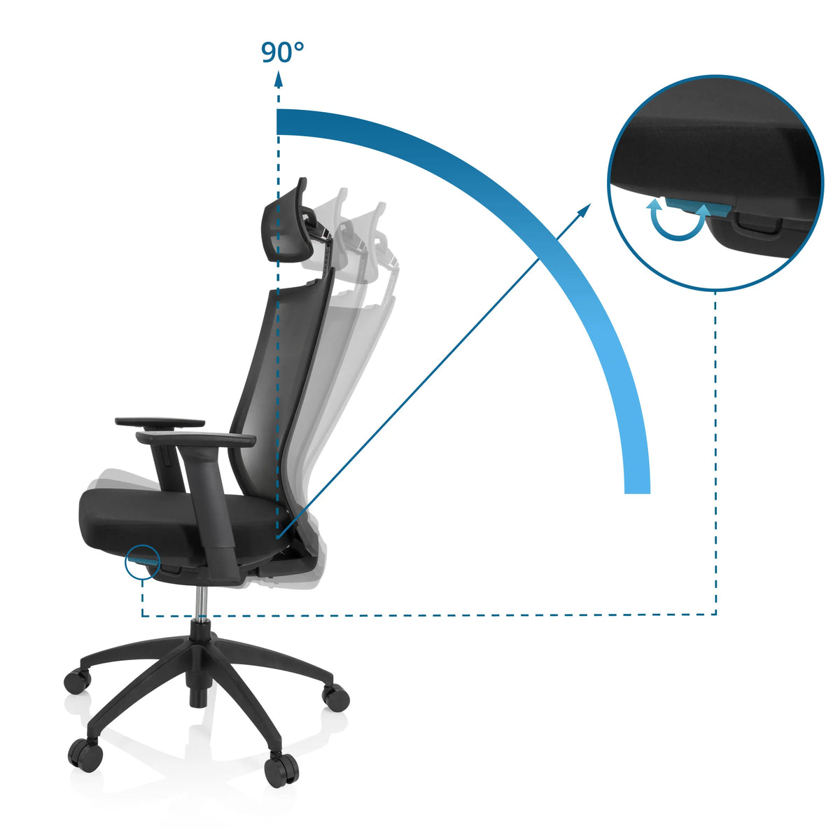 Adjustable backrest with an incline of up to 90 degrees of the Professional Office Chair ASPEN PRO by hjh OFFICE
