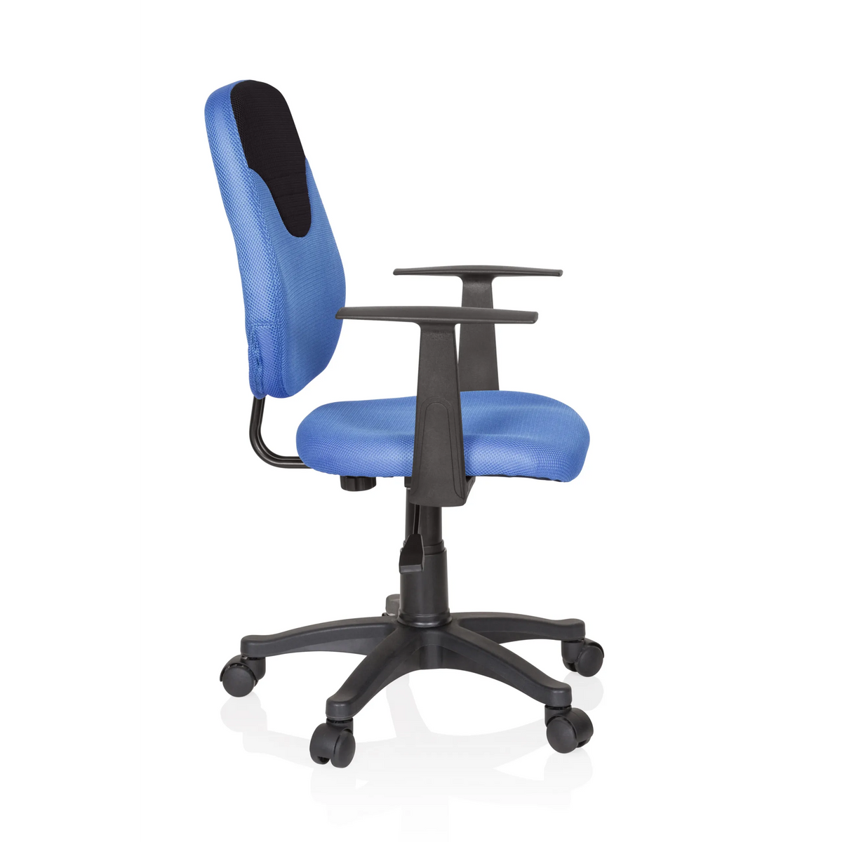 Blue Swivel Chair – Children KIDDY STYLE with mesh back, armrests and five-caster base by hjh OFFICE – 360-degree view (side profile 80°)