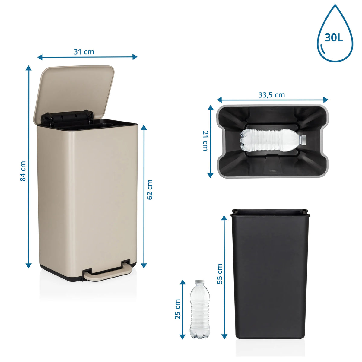 Dimensional drawing of the Wastepaper CLEAN BEVA with a 30 l capacity and a height of 84 cm by hjh OFFICE
