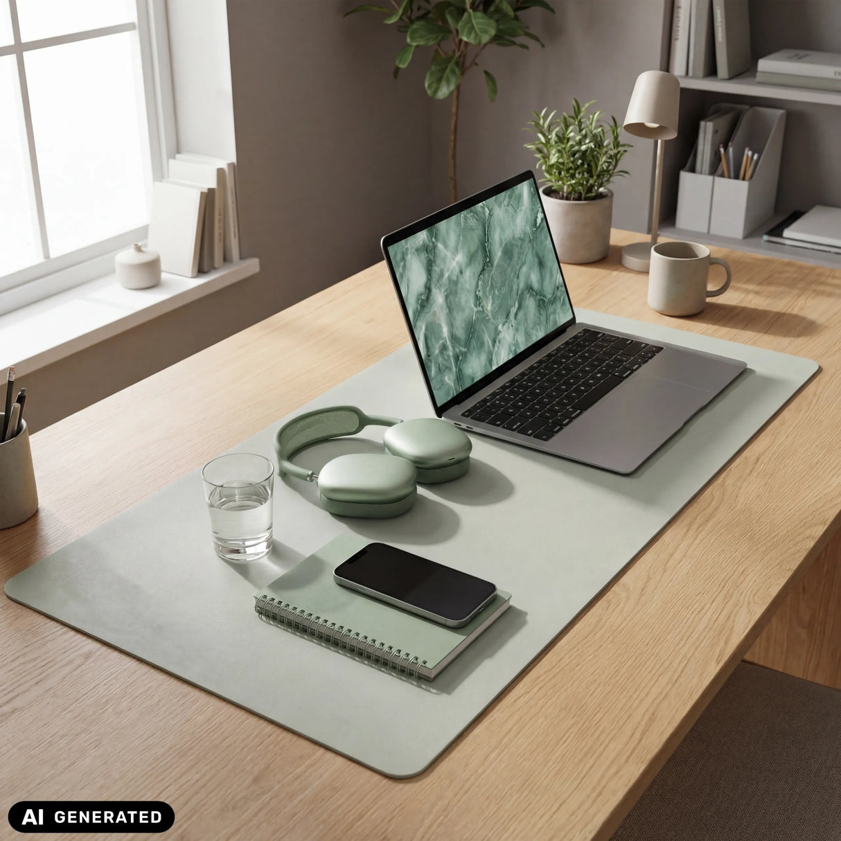 Light green Padflux Clean desk pad on a wooden table with a laptop and accessories by hjh OFFICE (AI-generated image)
