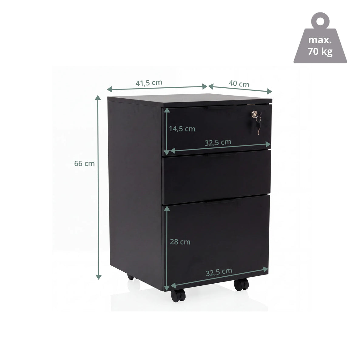 Dimensional drawing of the Mobile Drawer Unit DAVIK with a height of 66 cm and a load capacity of 70 kg by hjh OFFICE