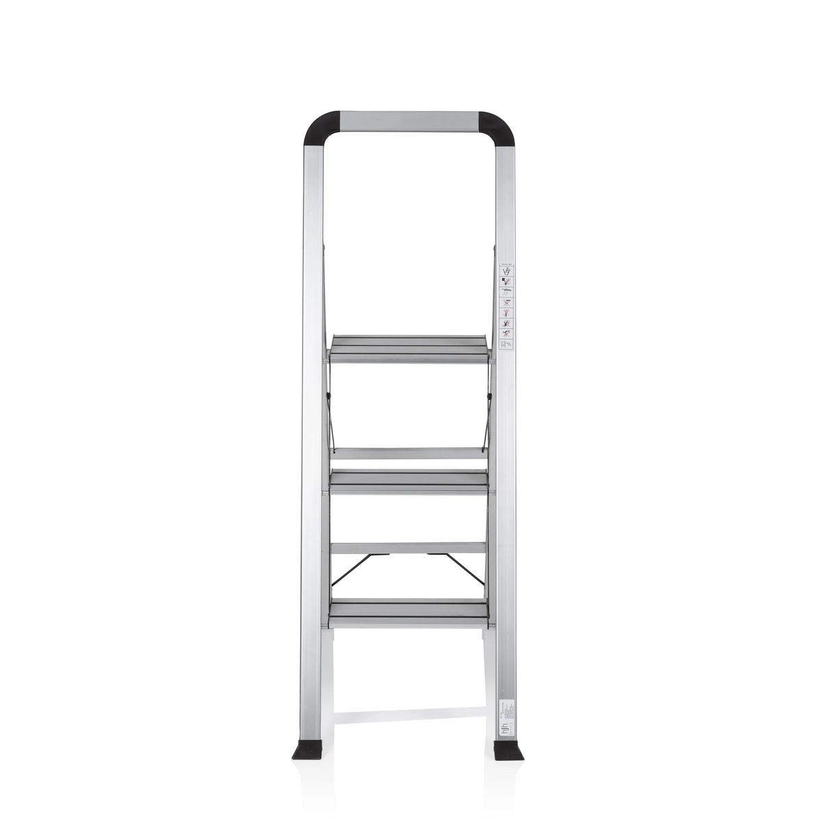 Silver aluminium Folding Ladder SOLID V with three steps and handle by hjh OFFICE – 360-degree view (front view 0°)