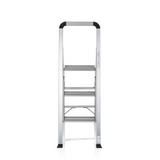 Silver aluminium Folding Ladder SOLID V with three steps and handle by hjh OFFICE – 360-degree view (front view 0°)