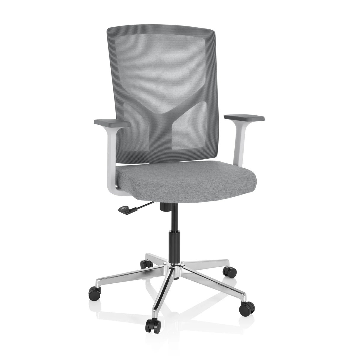 Grey Home Office Chair BRETON BASE W with mesh back and five-caster base by hjh OFFICE – 360-degree view (front view 20°)